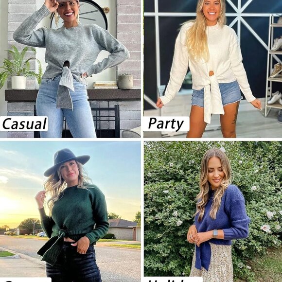 Women's Long Sleeve Cropped Sweaters Casual Knit Pullover Tie Front Crew Neck Fa - Picture 5 of 8